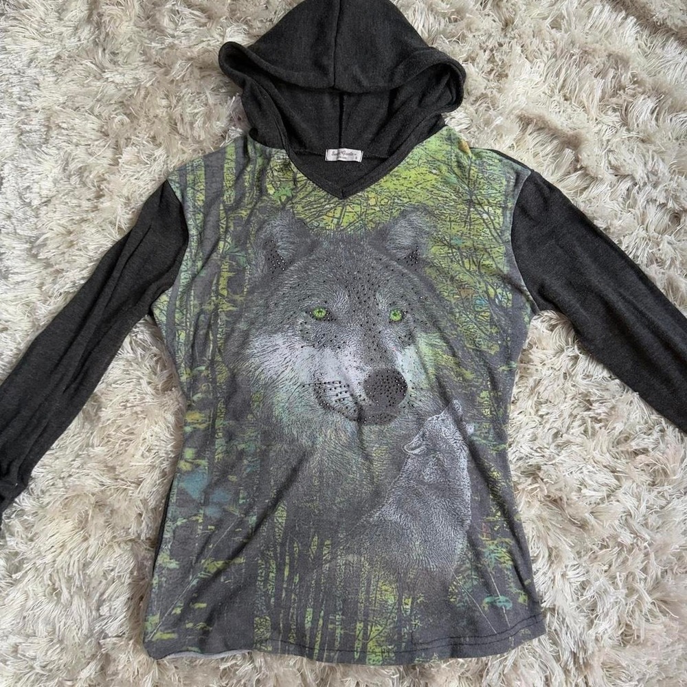 Sweet Gisele Wolf Graphic Rhinestone Hoodie Forest Nature Slub Knit Top S L/S